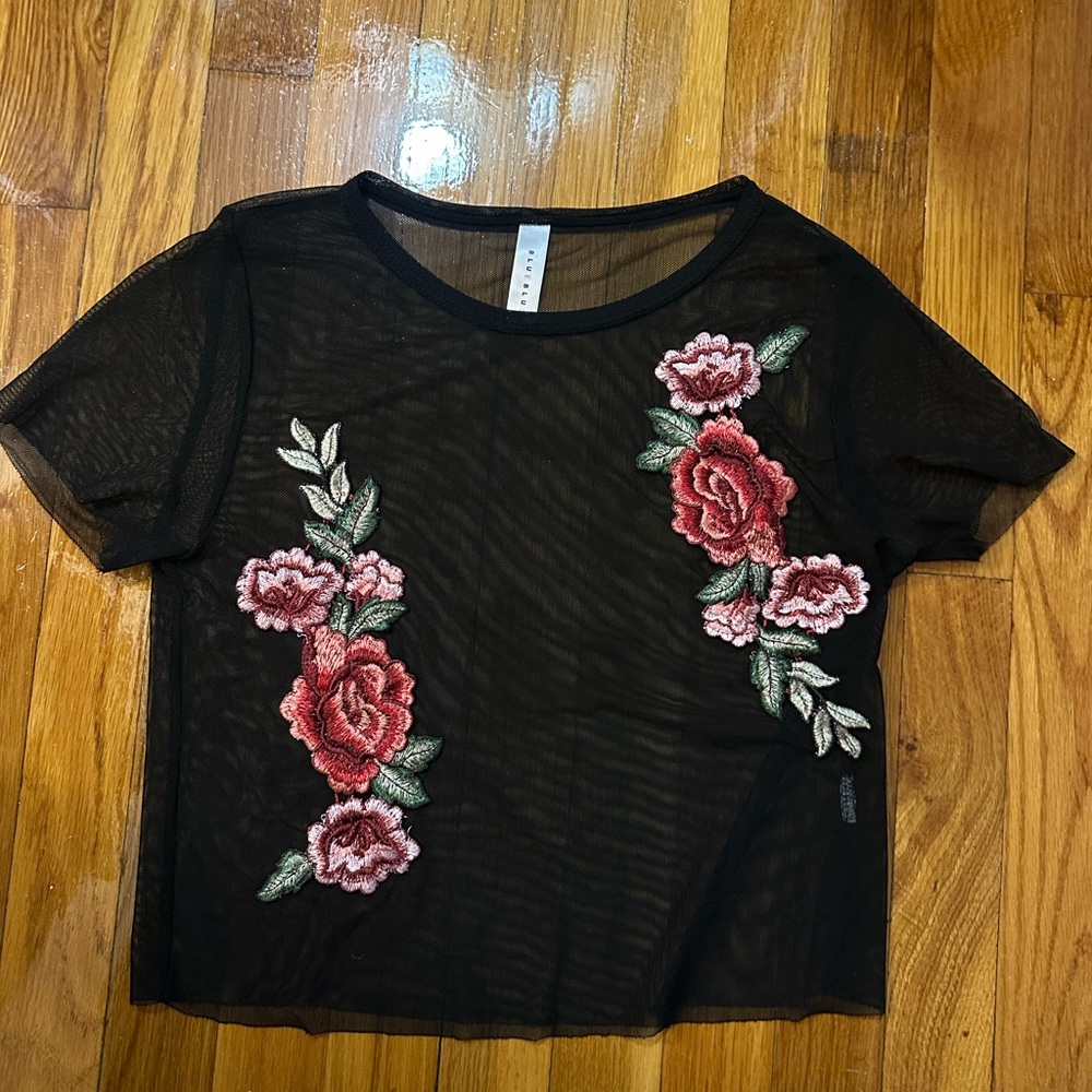 Sheer Black Floral Embroidered Tee